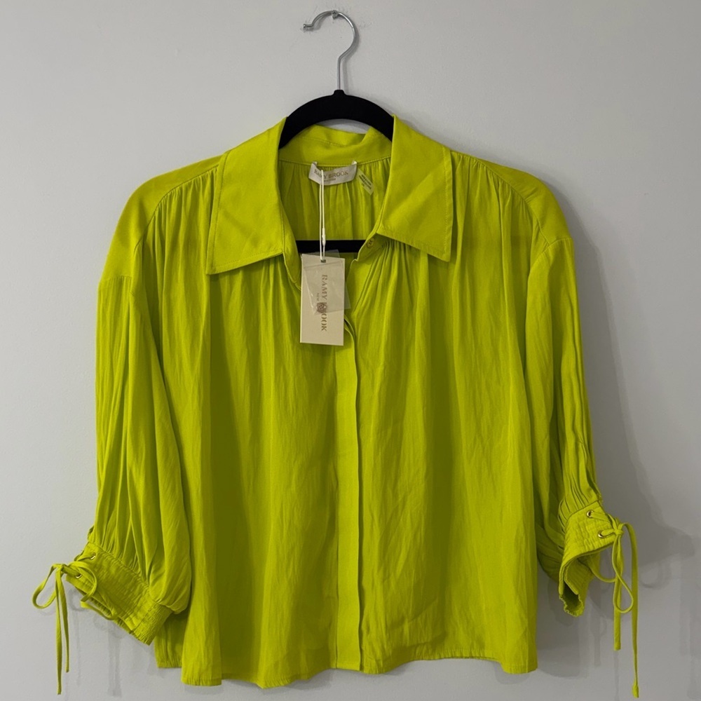 Ramy Brook Amaia Lime Silk Blouse NWT Size L Tie Sleeve Collared Top